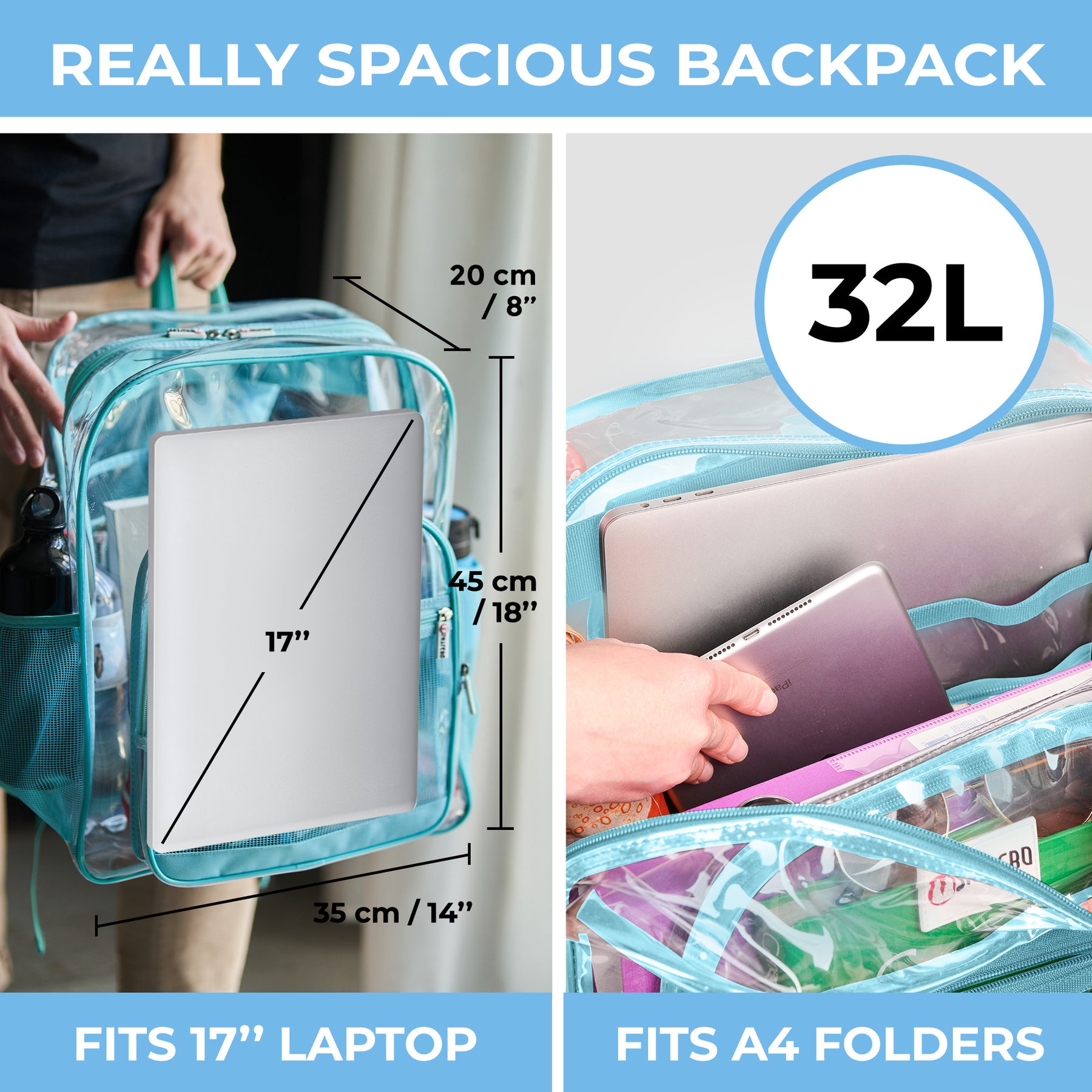 Clear Backpack For Work and School Backpack XL | TSA Lock | H18" x W14" x D8" (45cm x 35cm x 20cm) | 32 L | Turquoise  Rhino