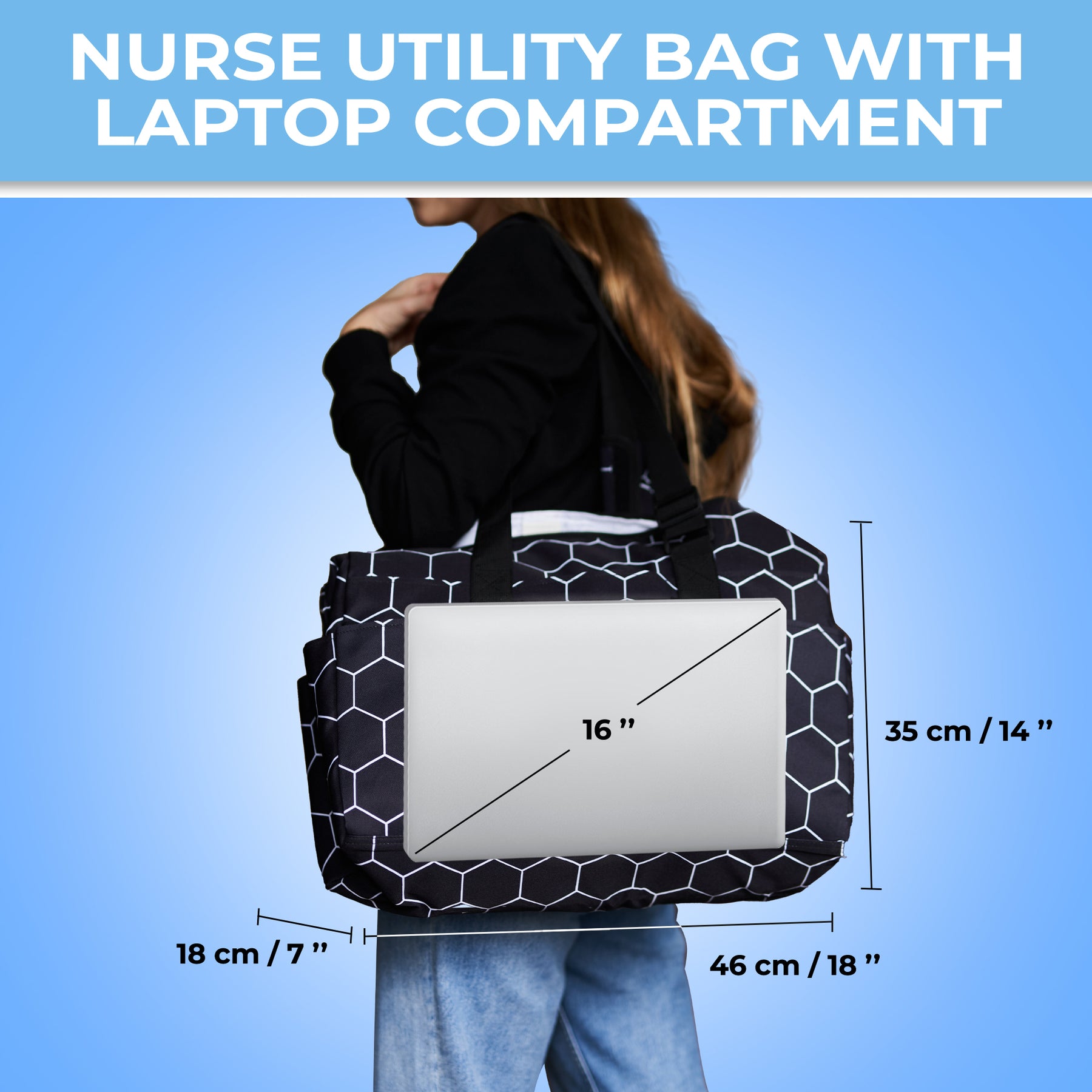 Nurse Bag and Utility Tote | Waterproof | Top YKK® Zip | L18" x H14" x W7" (46x18x36cm) | Black Bee Hive