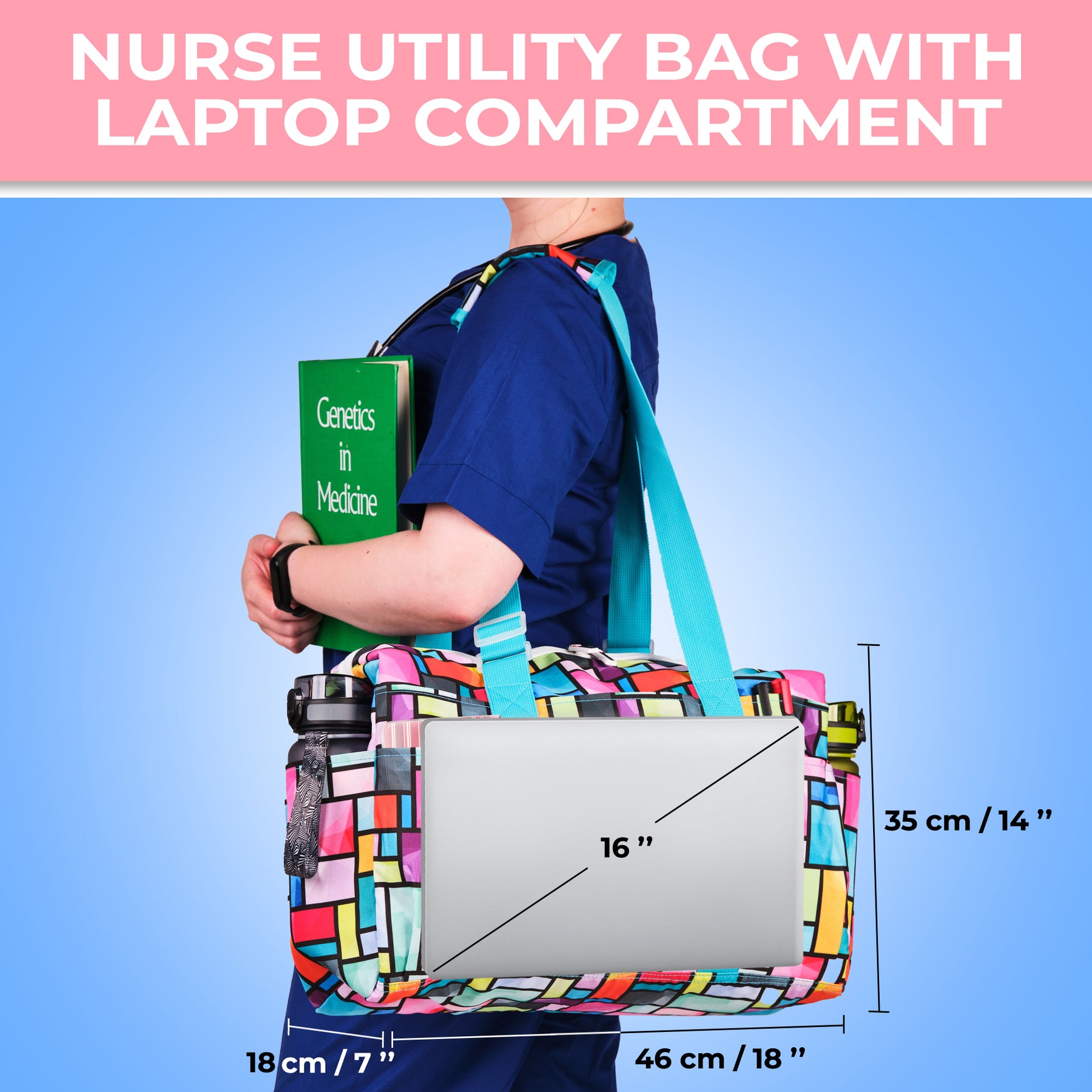 Nurse Bag and Utility Tote | Waterproof | Top YKK® Zip | L18" x H14" x W7" (46x18x36cm) | Bright Squares