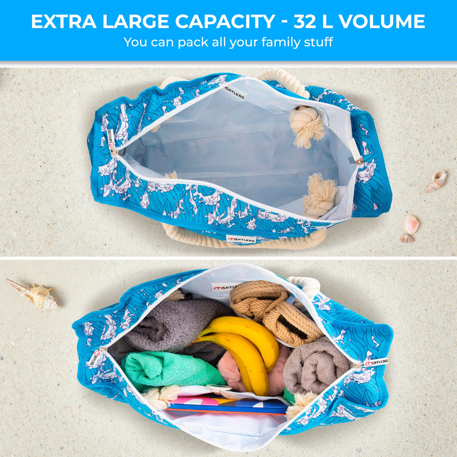 Beach Bag and Pool Bag | Water Repellent | Top YKK® Zip | Family Size | L22" x H15" x W6" | Ocean Waves