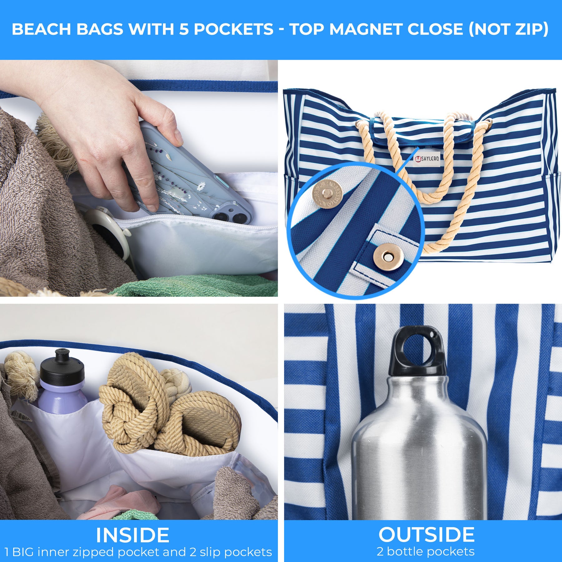 Beach Bag and Pool Bag | Water Repellent | Top Magnet | Family Size XXL | L22" x H15" x W6" | Bright Blue Dolphin