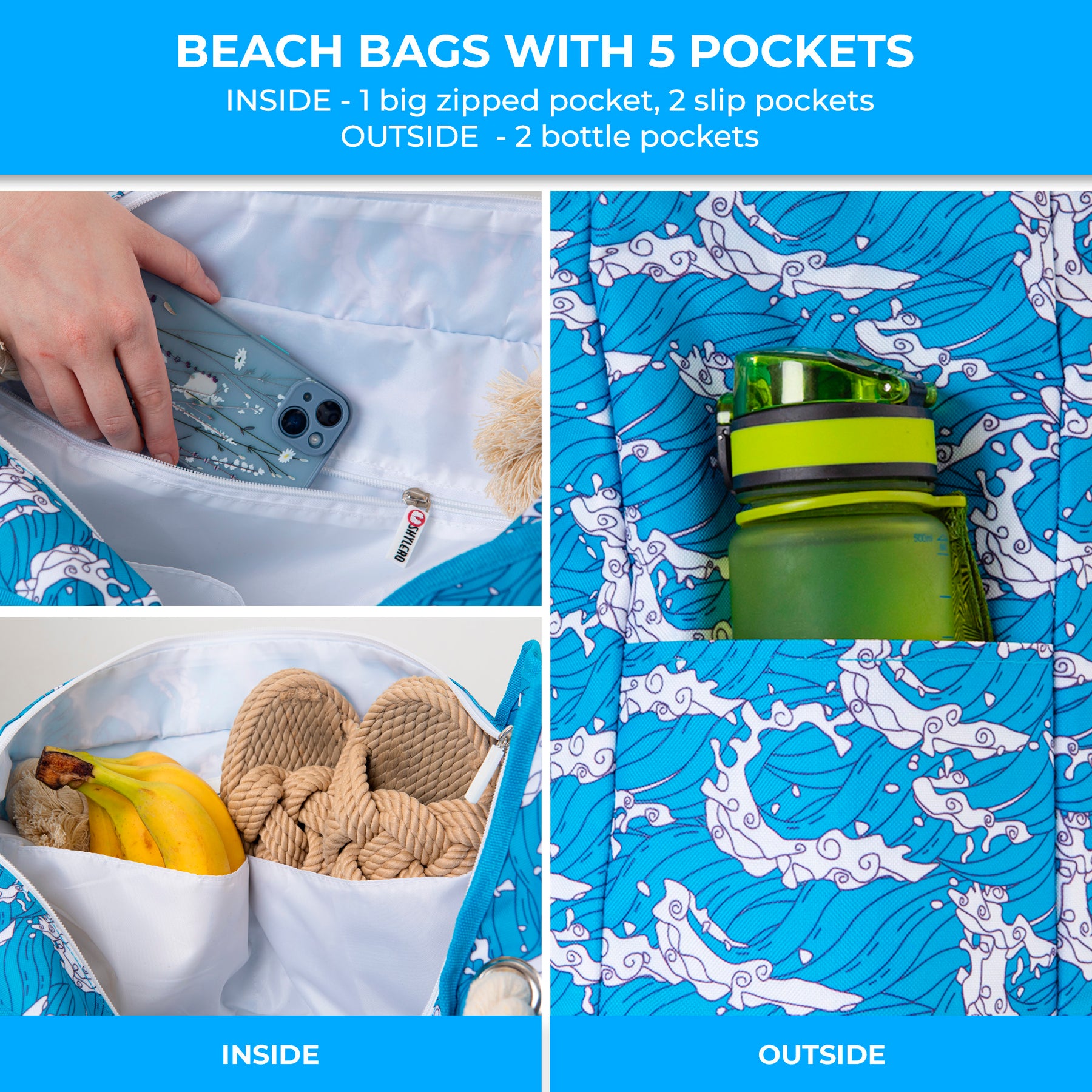 Beach Bag and Pool Bag | Water Repellent | Top YKK® Zip | Family Size | L22" x H15" x W6" | Ocean Waves