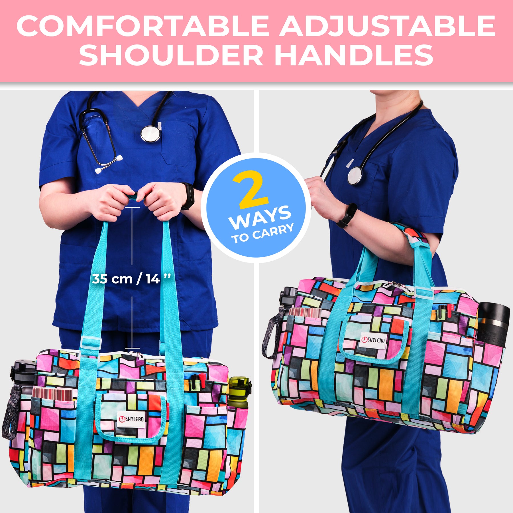 Nurse Bag and Utility Tote | Waterproof | Top YKK® Zip | L18" x H14" x W7" (46x18x36cm) | Bright Squares