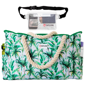 Beach Bag and Pool Bag | Water Repellent | Top YKK® Zip | Family Size | L22" x H15" x W6" | Palm Leaves