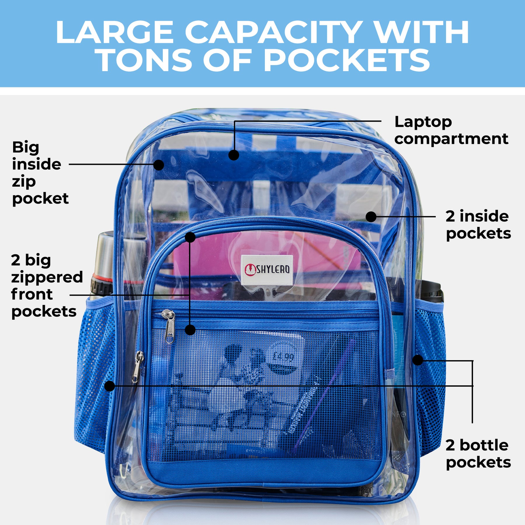 Clear Backpack For Work and School Backpack XL | TSA Lock | H18" x W14" x D8" (45cm x 35cm x 20cm) | 32 L | Blue Rhino