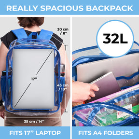 Clear Backpack For Work and School Backpack XL | TSA Lock | H18" x W14" x D8" (45cm x 35cm x 20cm) | 32 L | Blue Rhino