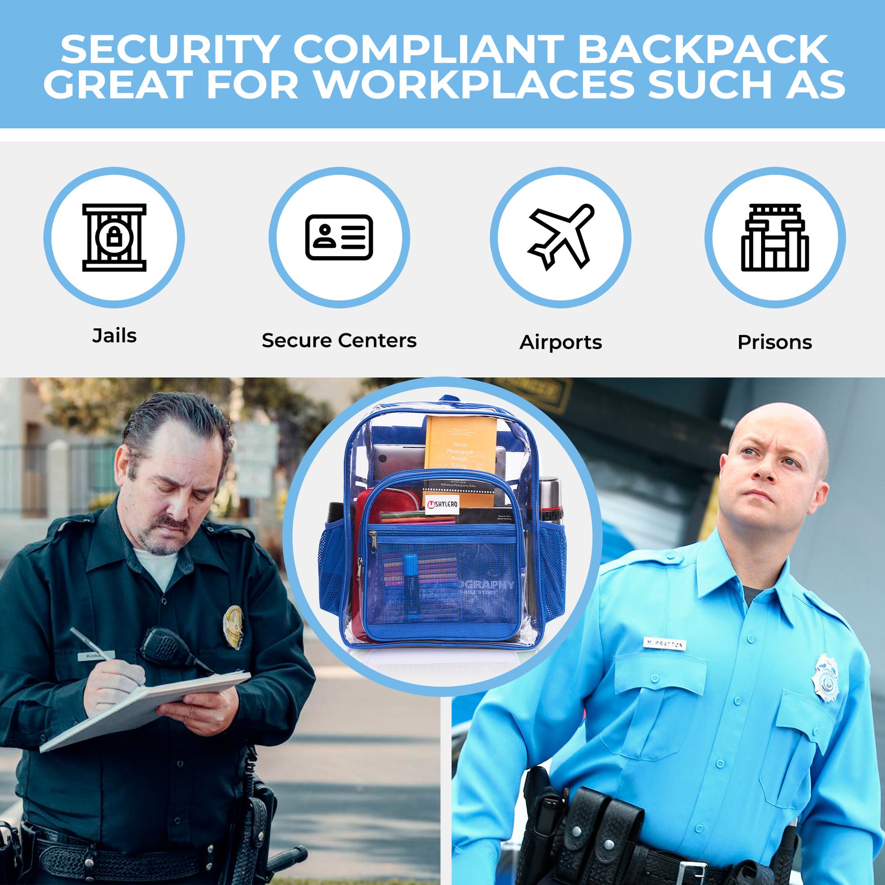 Clear Backpack For Work and School Backpack XL | TSA Lock | H18" x W14" x D8" (45cm x 35cm x 20cm) | 32 L | Blue Rhino