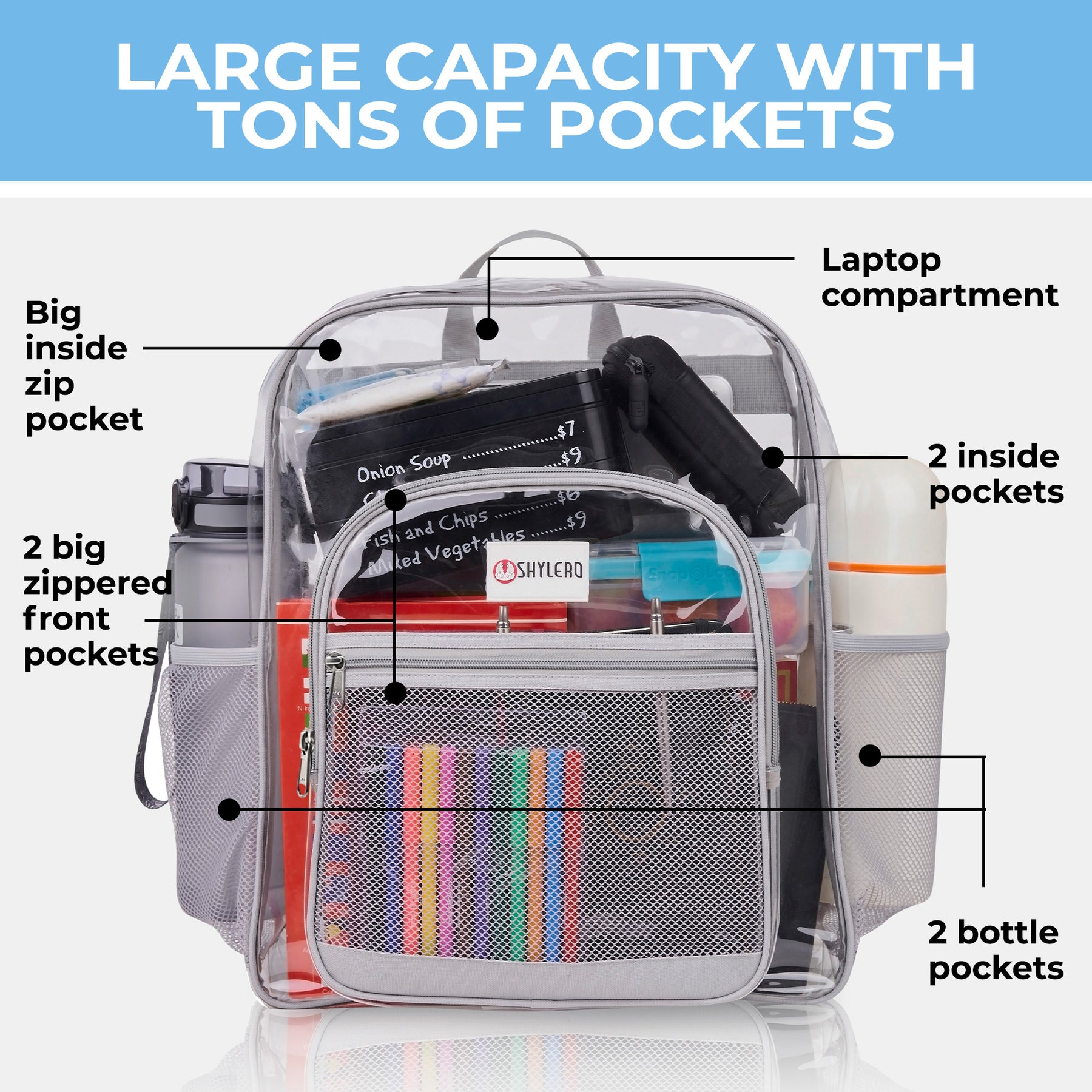 Clear Backpack For Work and School Backpack XL | TSA Lock | H18" x W14" x D8" (45cm x 35cm x 20cm) | 32 L | Grey Rhino