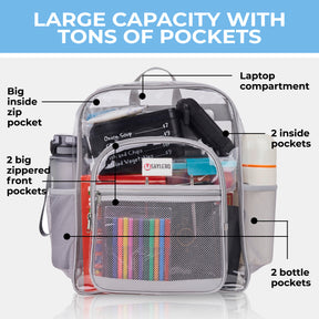 Clear Backpack For Work and School Backpack XL | TSA Lock | H18" x W14" x D8" (45cm x 35cm x 20cm) | 32 L | Grey Rhino