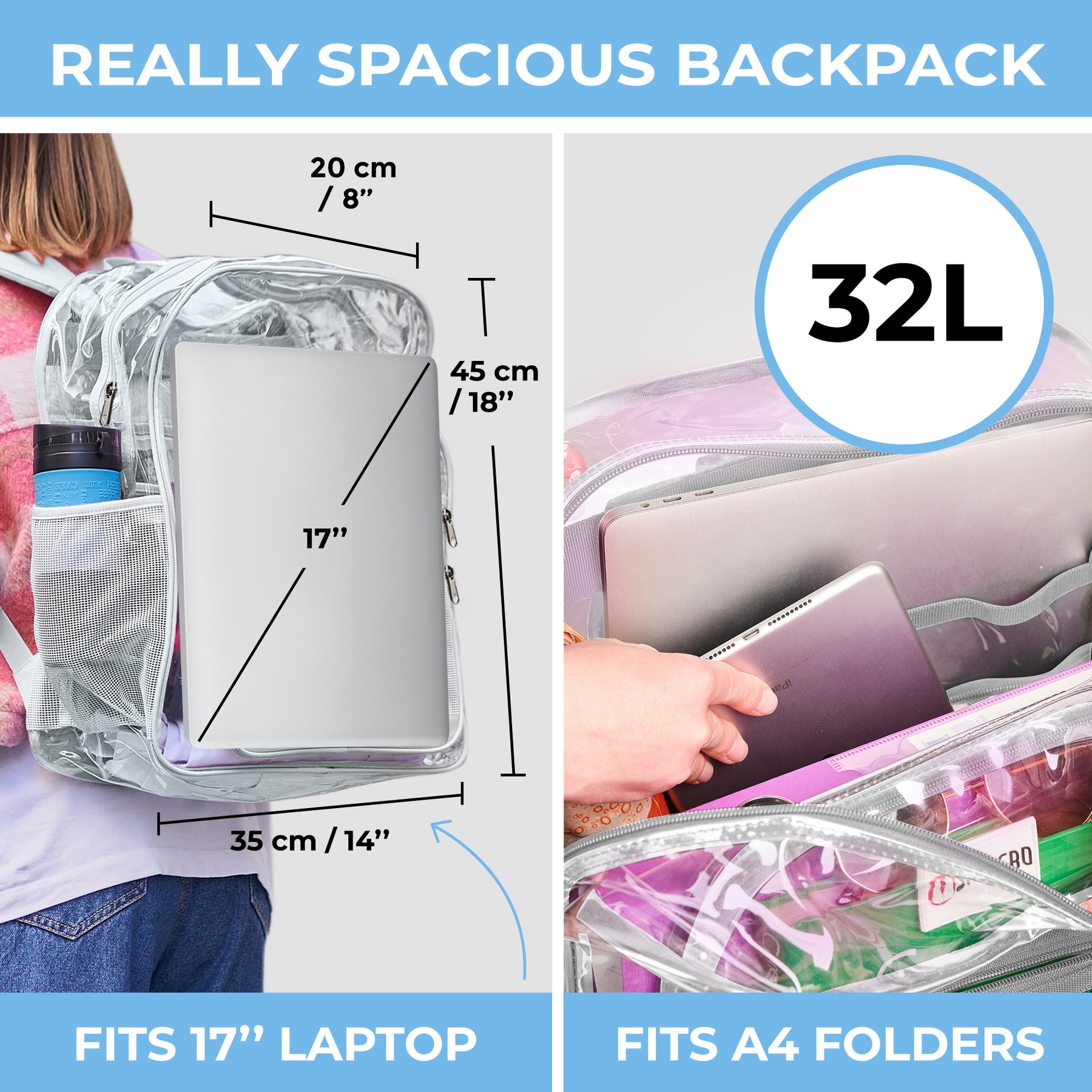 Clear Backpack For Work and School Backpack XL | TSA Lock | H18" x W14" x D8" (45cm x 35cm x 20cm) | 32 L | Grey Rhino