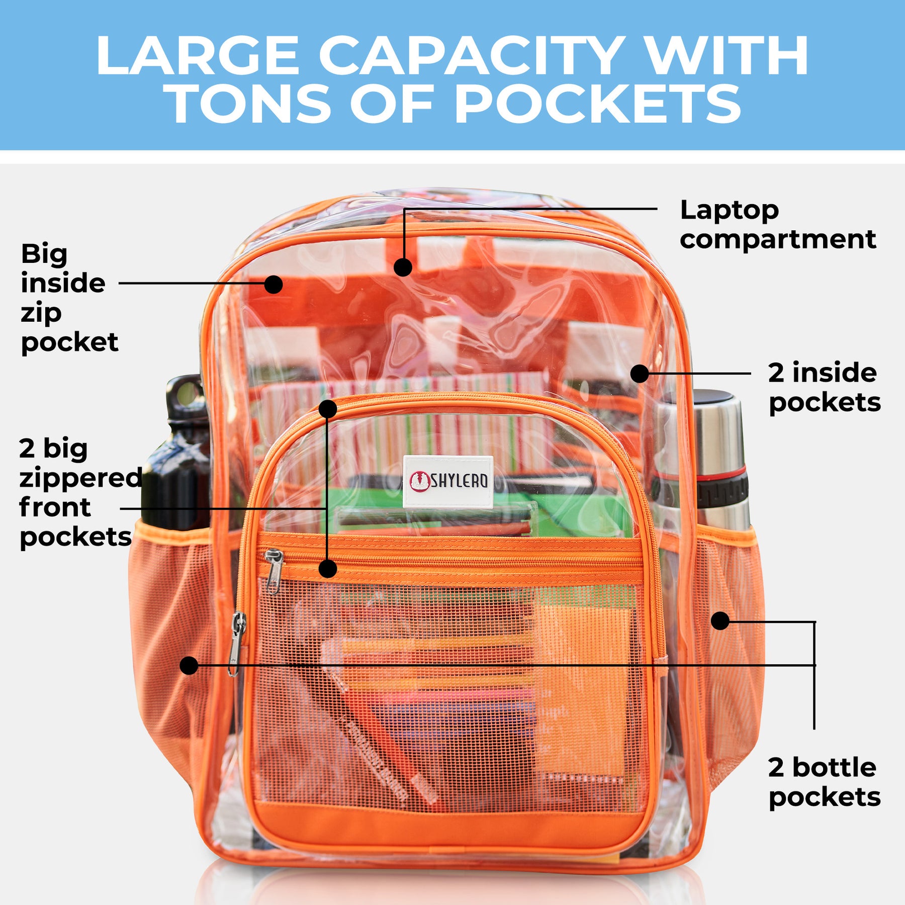 Clear Backpack For Work and School Backpack XL | TSA Lock | H18" x W14" x D8" (45cm x 35cm x 20cm) | 32 L | Orange Rhino
