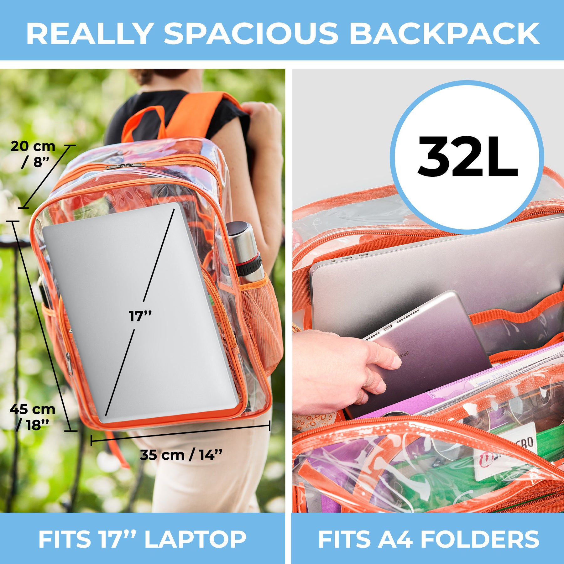 Clear Backpack For Work and School Backpack XL | TSA Lock | H18" x W14" x D8" (45cm x 35cm x 20cm) | 32 L | Orange Rhino