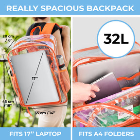 Clear Backpack For Work and School Backpack XL | TSA Lock | H18" x W14" x D8" (45cm x 35cm x 20cm) | 32 L | Orange Rhino