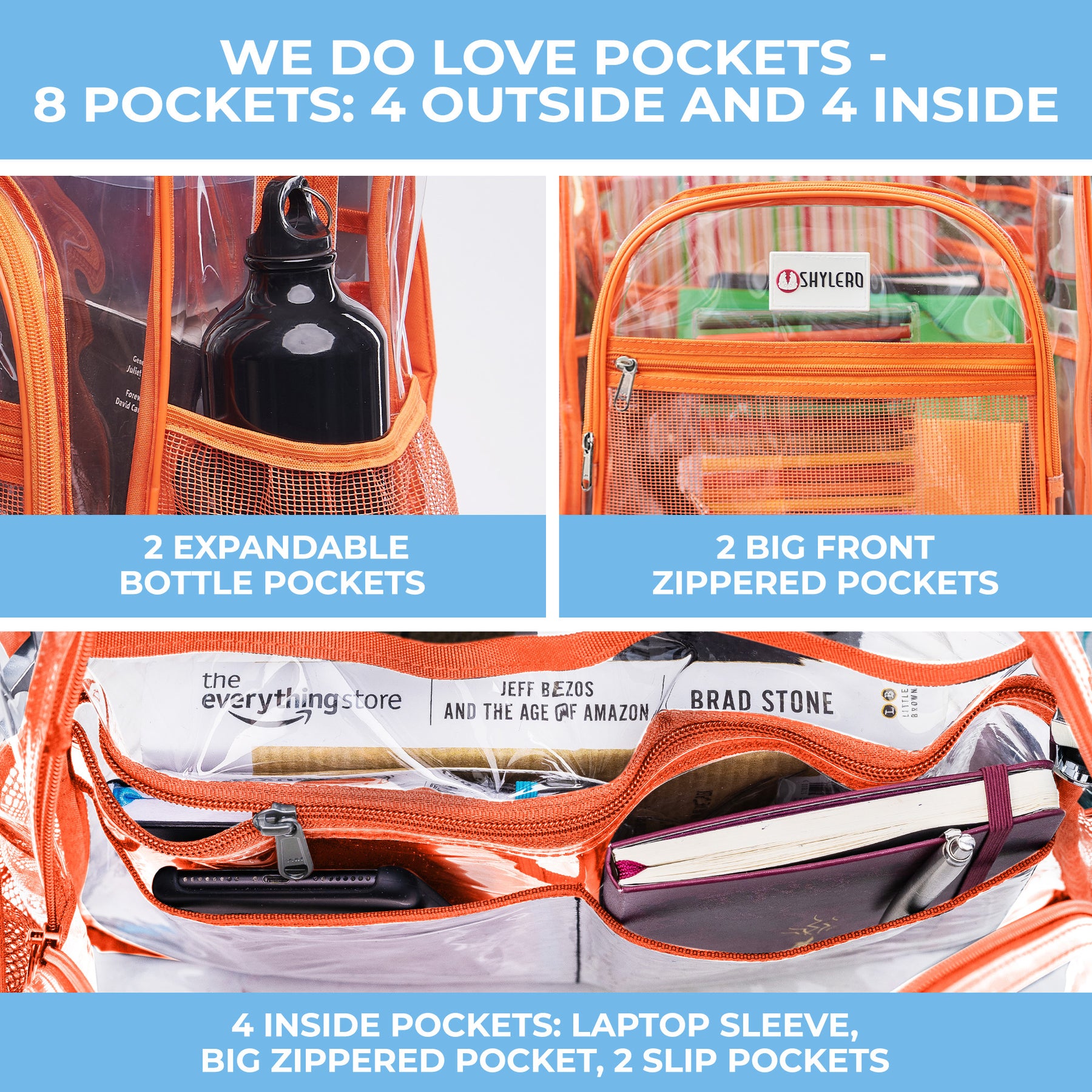 Clear Backpack For Work and School Backpack XL | TSA Lock | H18" x W14" x D8" (45cm x 35cm x 20cm) | 32 L | Orange Rhino