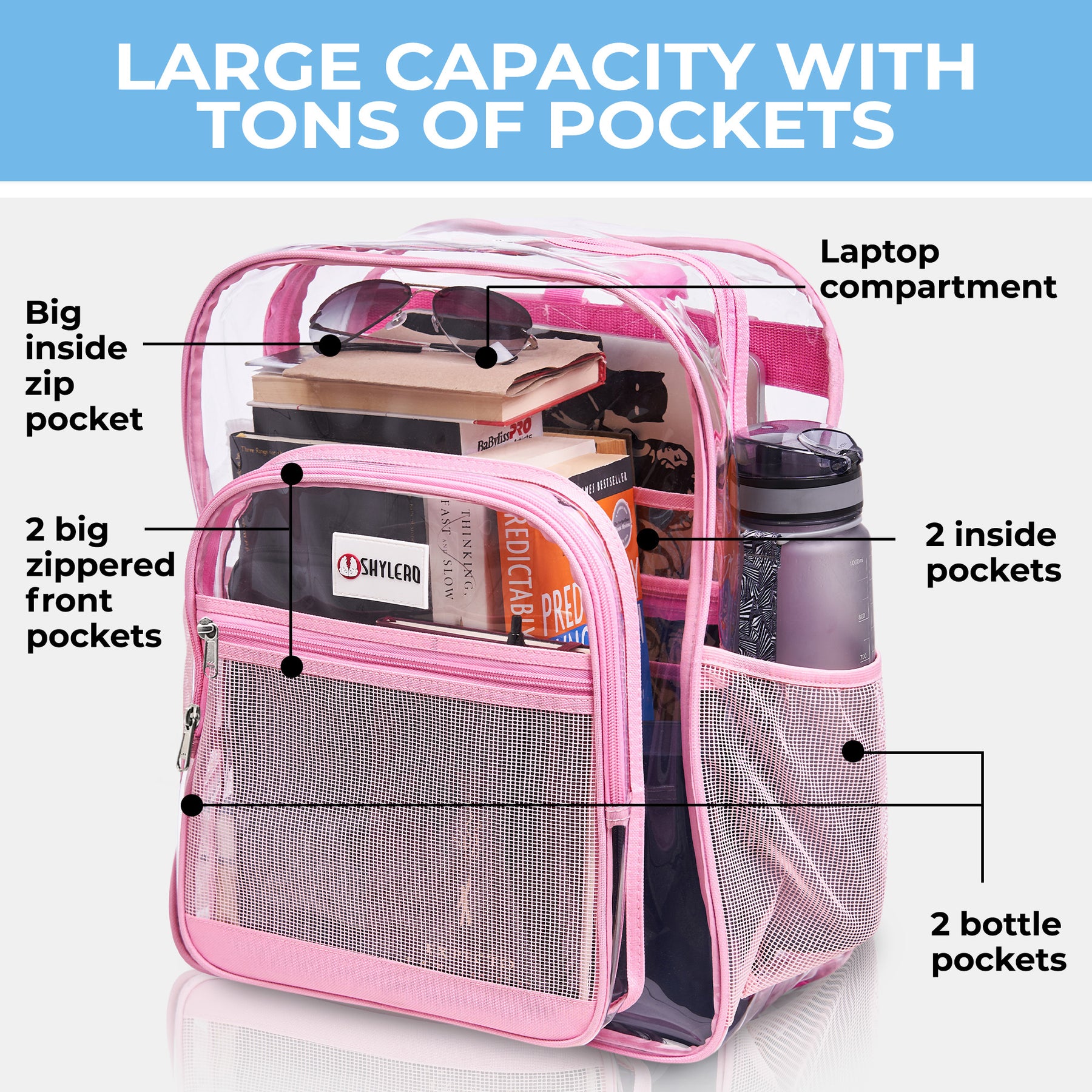Clear Backpack For Work and School Backpack XL | TSA Lock | H18" x W14" x D8" (45cm x 35cm x 20cm) | 32 L | Pink Rhino