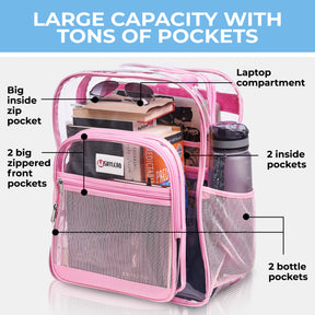 Clear Backpack For Work and School Backpack XL | TSA Lock | H18" x W14" x D8" (45cm x 35cm x 20cm) | 32 L | Pink Rhino