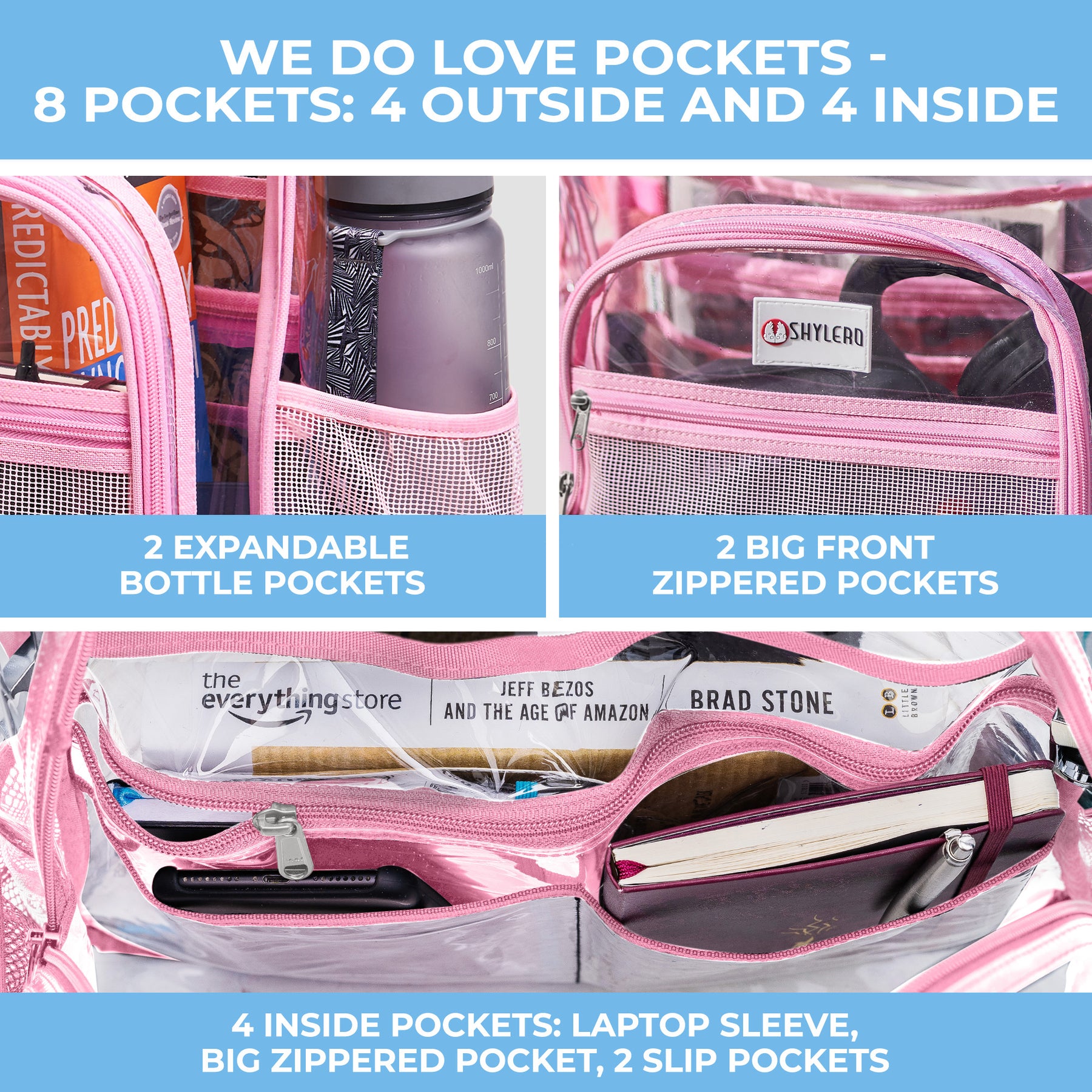 Clear Backpack For Work and School Backpack XL | TSA Lock | H18" x W14" x D8" (45cm x 35cm x 20cm) | 32 L | Pink Rhino