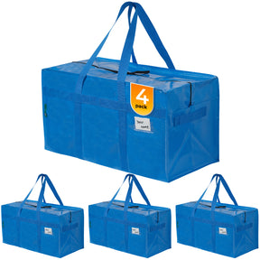 Moving Bags | Heavy Duty Totes for Clothes Storage | 2-Way YKK Zippers | 4 Pack | Blue