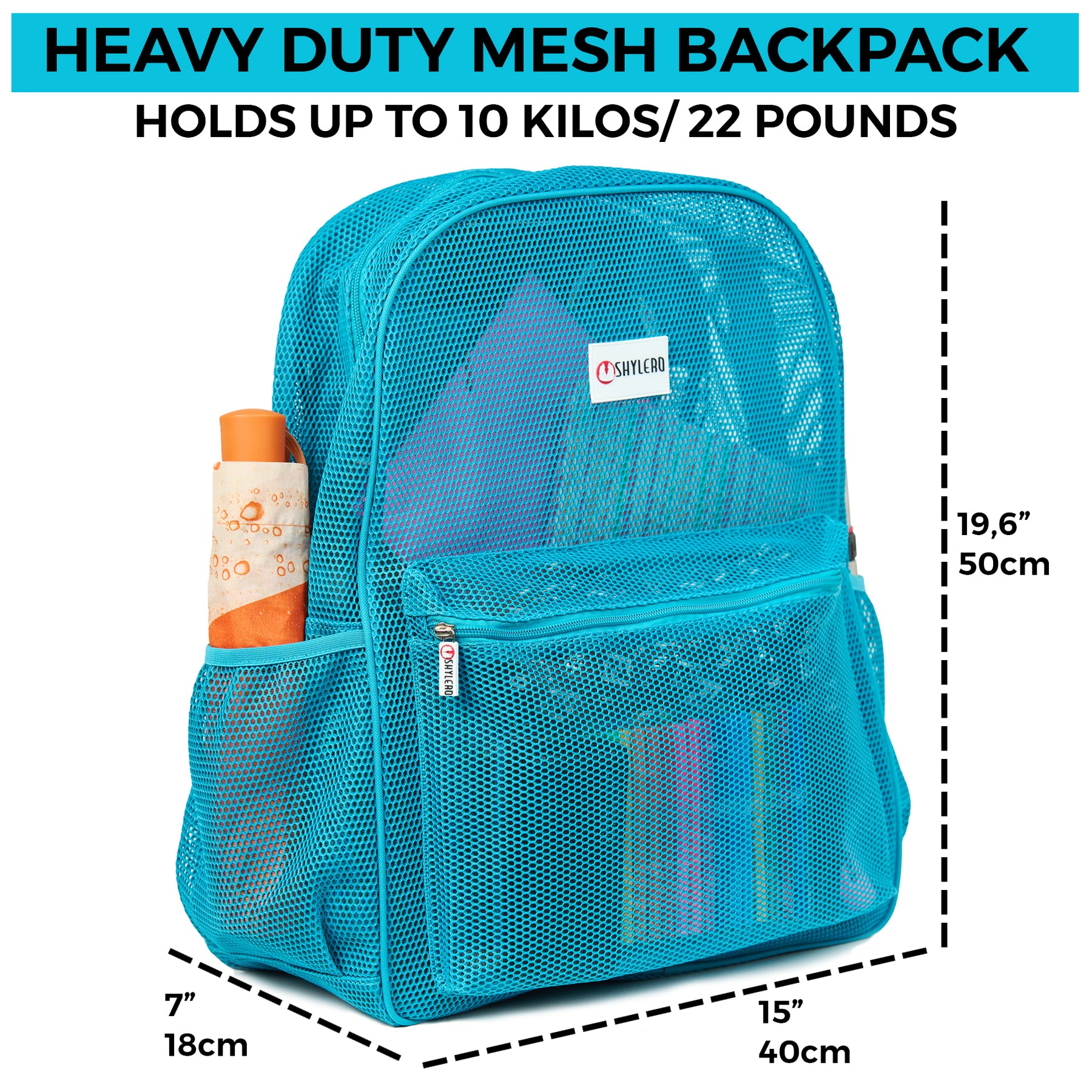 Mesh Backpack XXL (36 L) | Lightweight Heavy-Duty Clear Backpack | Reinforced 3D Mesh | H19.6" x W15" x D7" | Turquoise Armadillo