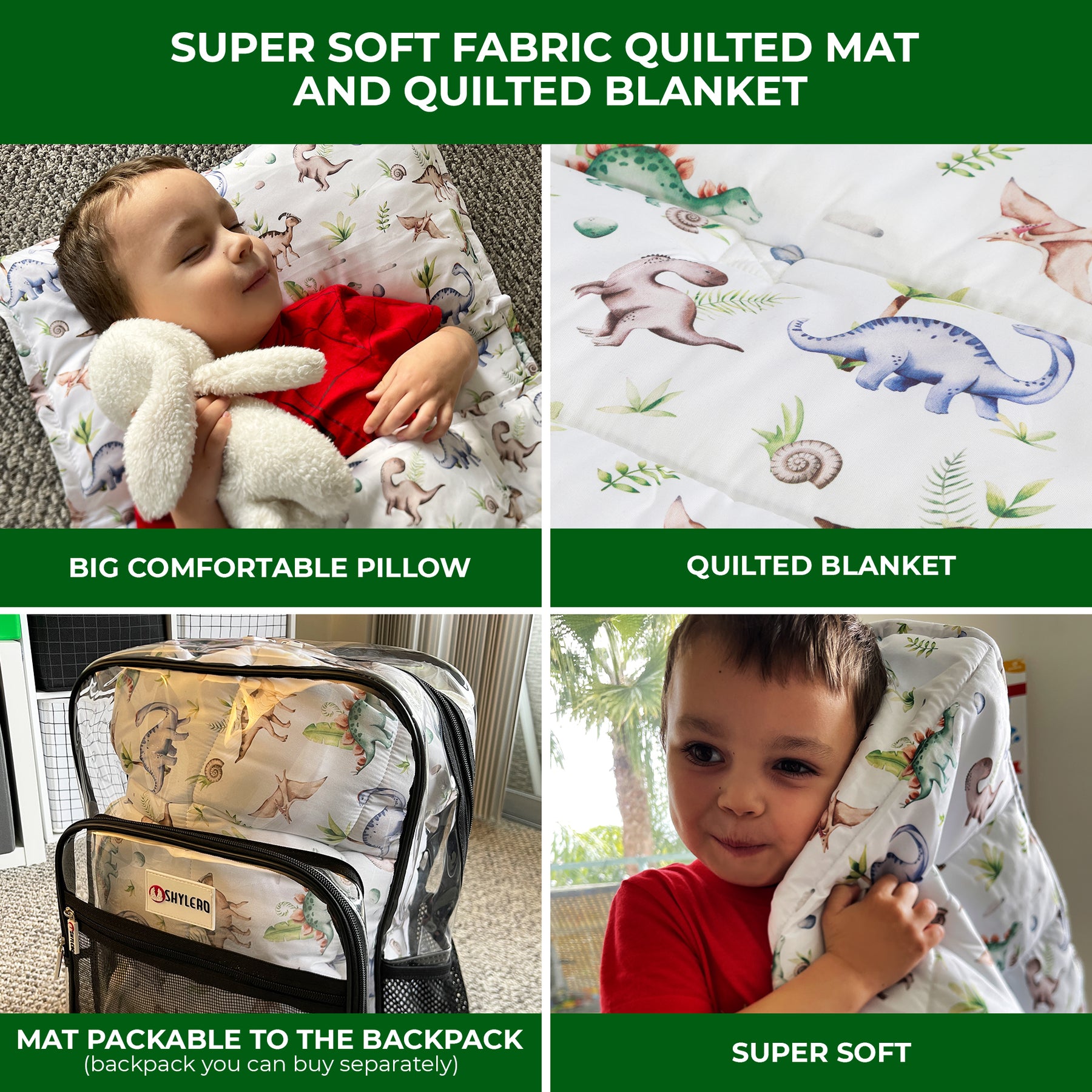 Toddler Nap Mat with Removable Pillow, Wide Blanket | 55" х 21" | Age 3-7 | Green Dino