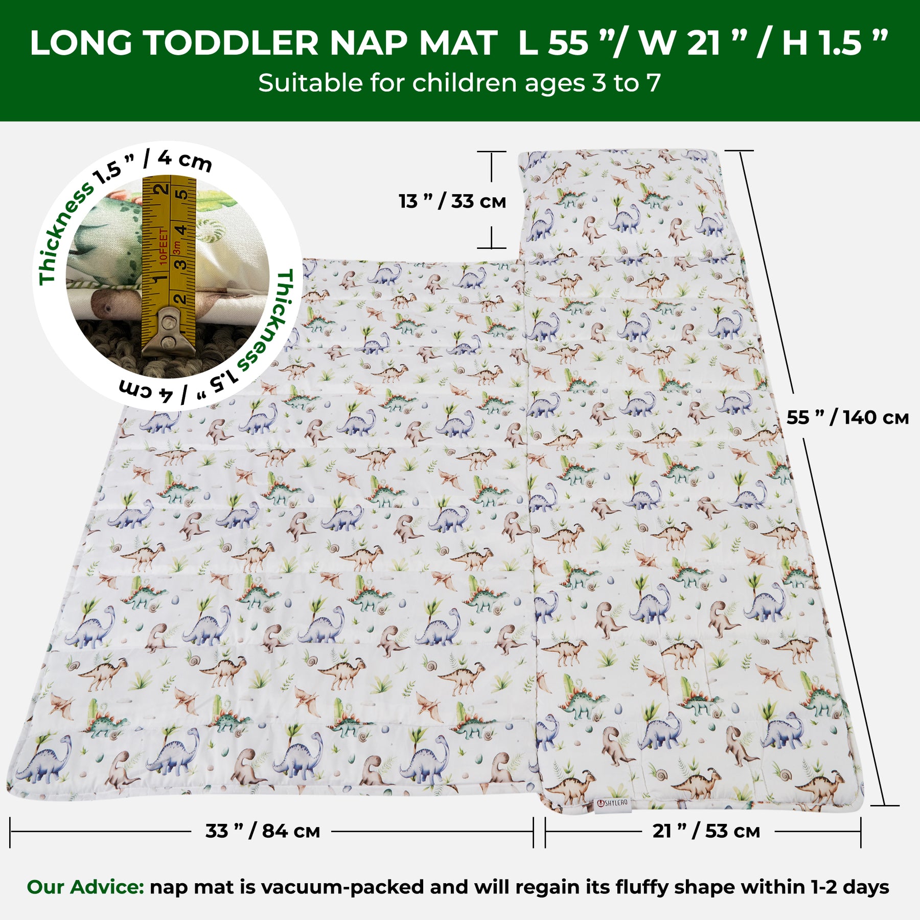 Toddler Nap Mat with Removable Pillow, Wide Blanket | 55" х 21" | Age 3-7 | Green Dino