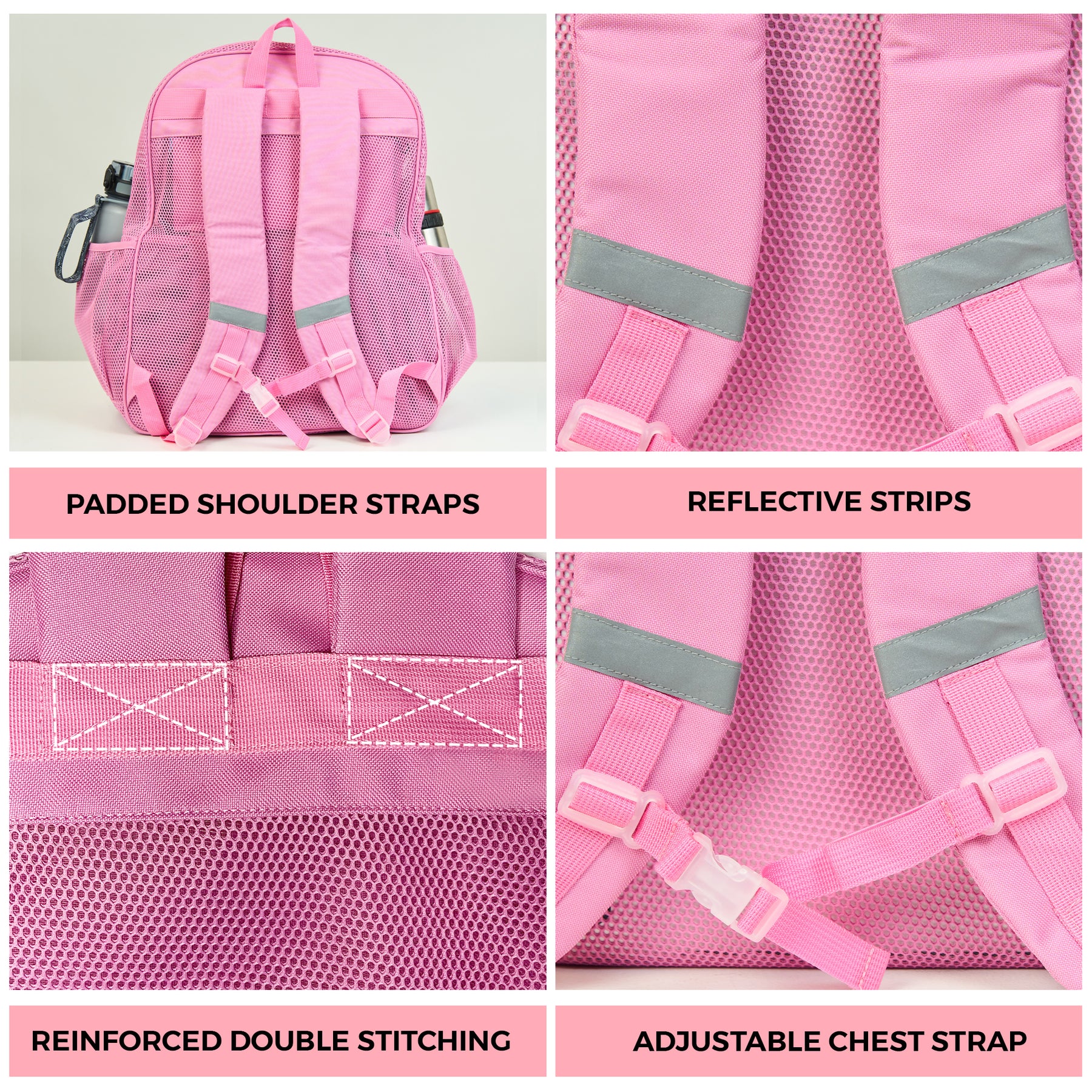 Mesh Backpack XXL (36 L) | Lightweight Heavy-Duty Clear Backpack | Reinforced 3D Mesh | H19.6" x W15" x D7" | Pink Armadillo