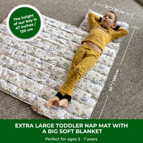 Toddler Nap Mat with Removable Pillow, Wide Blanket | 55" х 21" | Age 3-7 | Green Dino