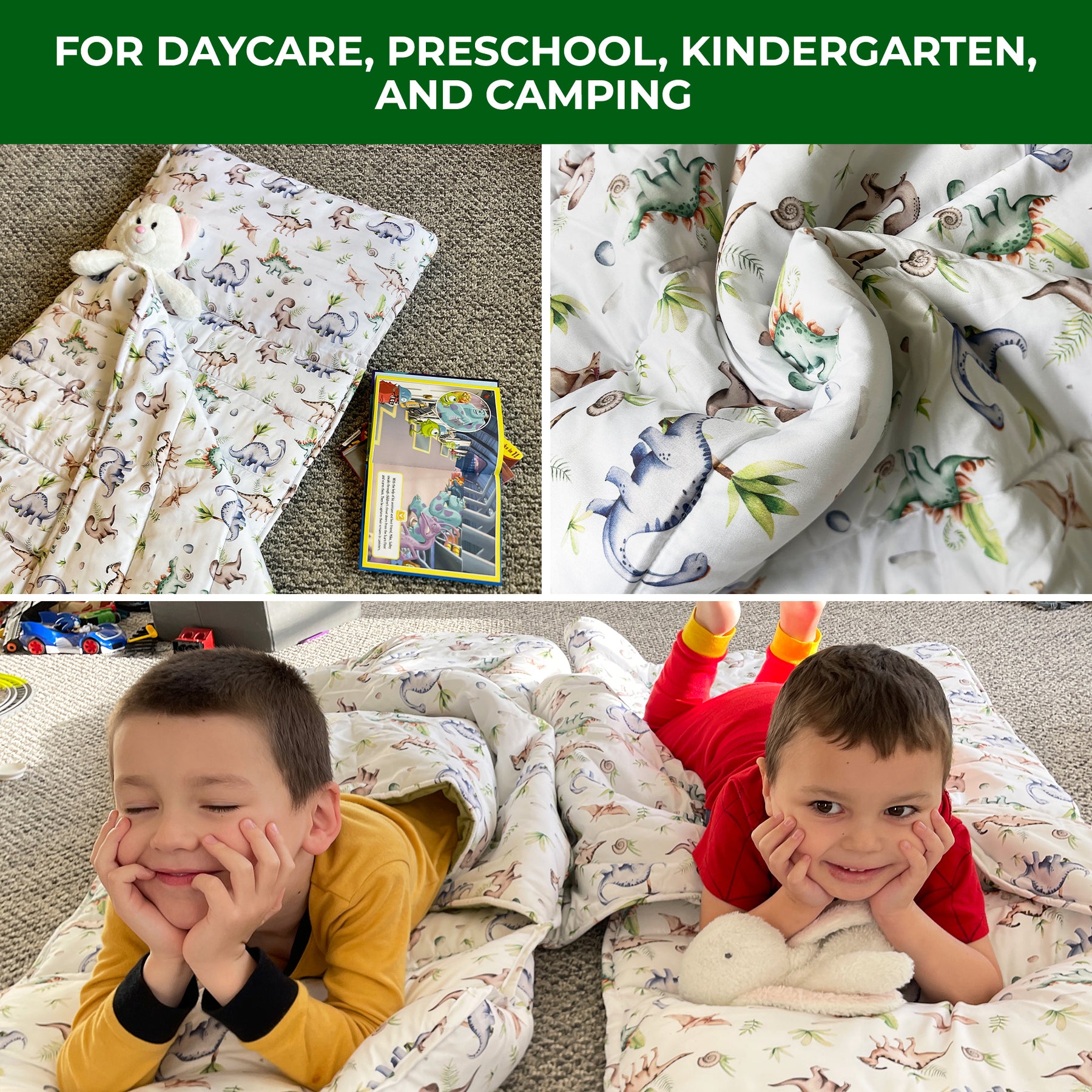 Toddler Nap Mat with Removable Pillow, Wide Blanket | 55" х 21" | Age 3-7 | Green Dino