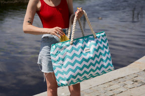 Beach Bag and Pool Bag | Water Repellent | Top YKK® Zip | Family Size | L22" x H15" x W6" | Turquoise Green Turtle